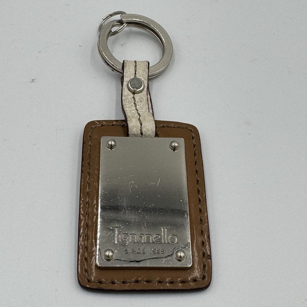 Tignanello Black Leather Silver Metal Key‎ Fob Bag Charm Keychain Hang Tag